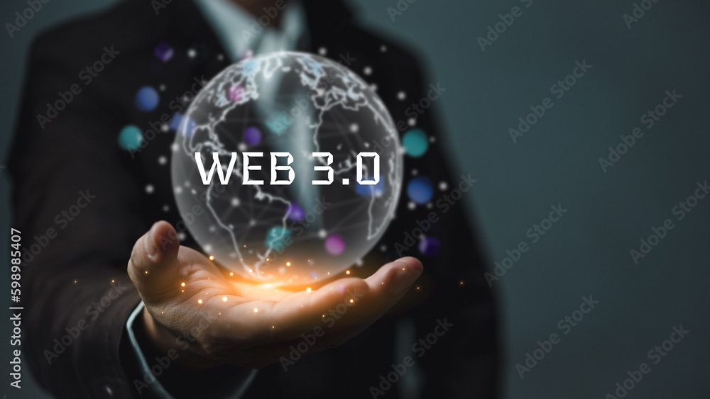 Digital communication and virtual screen technology concept WEB 3.0.hand touch globe internet.